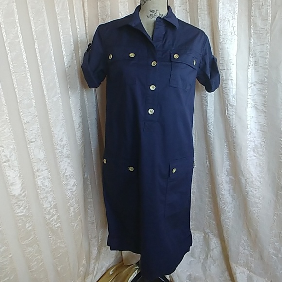 Ellen Tracy Nautical Navy Button Shirt Dress - Picture 1 of 7